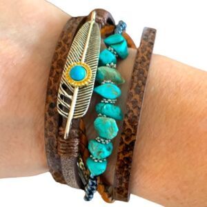 Western Boho Faux Turquoise & Leather Handmade Multi Strand Bracelet